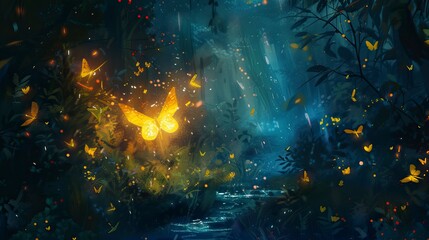 Abstract and magical image of Firefly flying in the night forest
