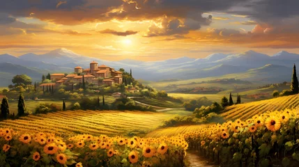 Crédence de cuisine en verre imprimé Toscane Panoramic view of Tuscany with sunflowers.