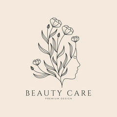 hand drawn logo line art feminine beauty floral botanical salon spa cosmetic care design vector illustration minimalist.