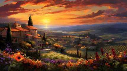 Fototapeten Panoramic view of Tuscany landscape at sunset, Italy © Iman