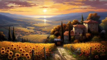 Peel and stick wall murals Toscane Panoramic view of Tuscany with sunflowers at sunset