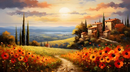 Panoramic view of Tuscany, Italy. Digital painting