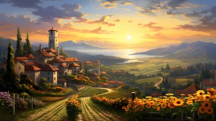 Panoramic view of a village with sunflowers at sunset