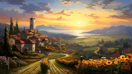 Gartenposter Panoramic view of a village with sunflowers at sunset © Iman