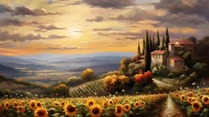 Keuken spatwand met foto Sunflower field in Tuscany, Italy. Digital painting. © Iman