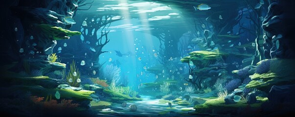 Fototapeta na wymiar Underwater Algae, bioluminescent, Fish in Aquarium, Under the Sea, Scuba Dive, Glowing Reef, Ocean Life