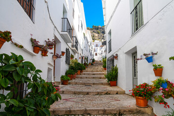 Charming stairs in white village of Frigiliana Spain