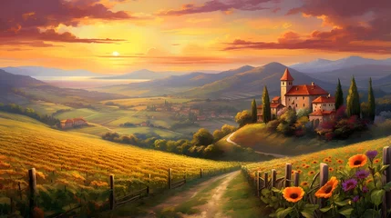 Fototapeten Panoramic view of a village in the Tuscany at sunset © Iman