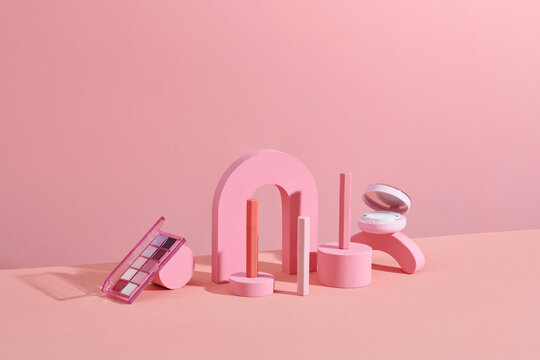 theme beauty cosmetic ad. Blush powder compact and make up