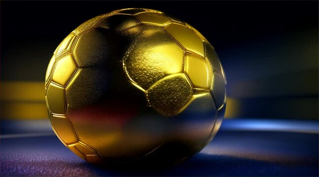Golden soccer ball on black background with white outline, isolated in 3D illustration for soccer enthusiasts