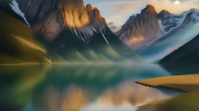 Lake Reflections: Sunrise and sunset paint the sky over a serene lake amidst majestic mountains.