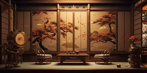 Foto op Plexiglas anti-reflex A vintage Japanese room, background. Traditional high class Japanese style room with gold style decorated walls. © Coosh448