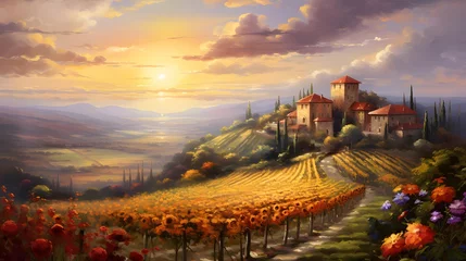 Schilderijen op glas Panoramic view of Tuscany, Italy at sunset. © Iman