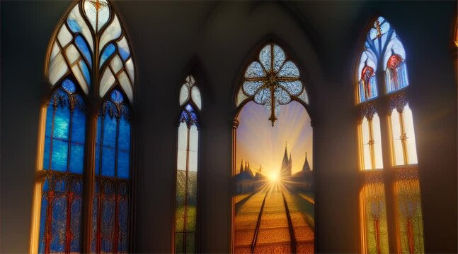 Stained glass window inside a historic cathedral, illuminating the interior with colorful light amidst Gothic architecture