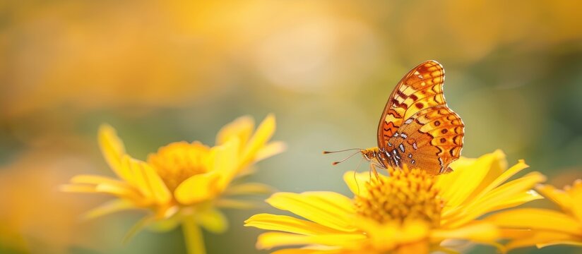 A copper butterfly sits gracefully on top of a vibrant yellow flower, displaying natures elegant beauty in a captivating moment.