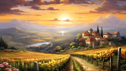 Schilderijen op glas Panoramic view of Tuscany with vineyards at sunset © Iman