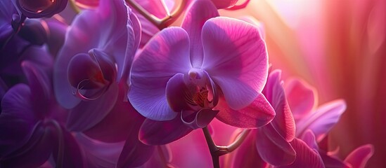 This close-up shot showcases a cluster of vibrant purple orchid flowers, with intricate details of the petals and stamen visible. The blossoms are tightly packed together, creating a visually striking