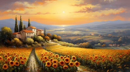 Panoramic view of Tuscany with sunflowers, Italy