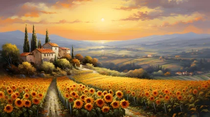 Fototapeten Panoramic view of Tuscany with sunflowers, Italy © Iman
