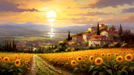 Ingelijste posters Sunflower field in Tuscany, Italy. Digital painting. © Iman
