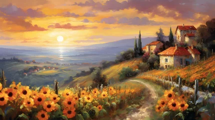 Schilderijen op glas Panoramic view of Tuscany with sunflowers at sunset © Iman
