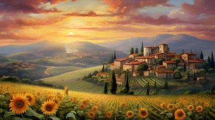 Wandcirkels plexiglas Panoramic view of Tuscany with sunflowers at sunset © Iman