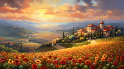 Foto op Plexiglas Panoramic view of Tuscany with sunflowers at sunset © Iman
