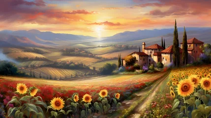 Fototapeten Tuscany landscape with sunflowers and farmhouse at sunset © Iman
