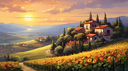 Rolgordijnen Sunflower field in Tuscany, Italy, panoramic view © Iman