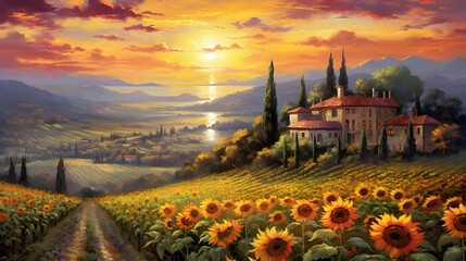 Sunflower field at sunset, Tuscany, Italy. Digital painting
