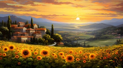 Sunflower field in Tuscany, Italy. Panoramic image