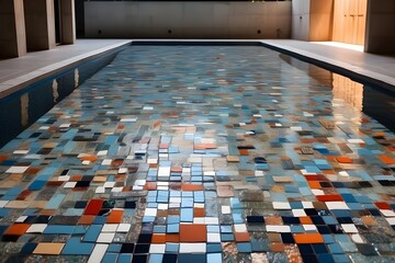 The bottom of the pool is covered with mosaic tiles, the pool is filled with water, Generative AI