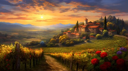 Panoramic view of Tuscany with vineyards at sunset