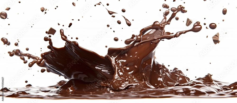 Poster chocolate is splashing into the water on a white background, creating a visually enticing image of s