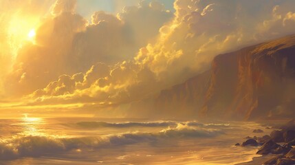 Coastal cliffs bathed in golden sunlight, standing tall against the canvas of a cloud-studded sky...