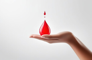 Fototapeta premium World donor day concept with hand holding paper red drop on white background