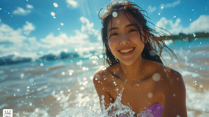 Obraz premium Beautiful woman in bikini playful and having fun on paradise tropical beach with splashing water