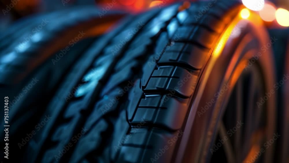 Poster closeup of the tires symmetrical tread pattern designed for even wear and consistent performance ove