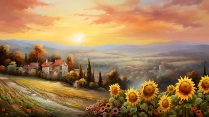 Kissenbezug Panoramic view of the village with sunflowers at sunset © Iman