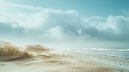 Coastal dunes meeting the horizon under a cloud-streaked sky, with the tranquil sound of waves in the background. - obrazy, fototapety, plakaty