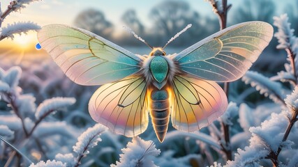 ethereal glowing holographic crystalised moth on a frosty spring morning - obrazy, fototapety, plakaty