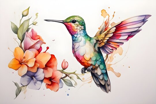 Hummingbird drawn with multicolored watercolor Generative AI