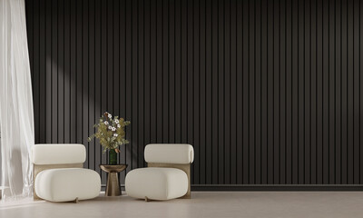 The modern interior design concept of living room and black tile empty wall background. 3d rendering.