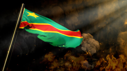bokeh Democratic Republic of Congo flag on smoke with sun beams backdrop - catastrophe concept - abstract 3D rendering