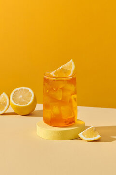 Ice honey lemon soda in glass on yellow background.