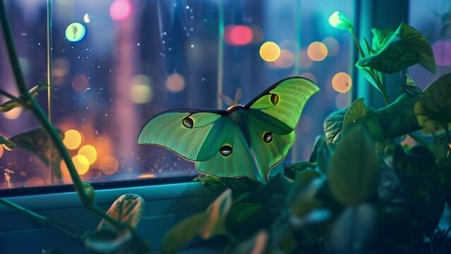 Closeup of a Luna moth perched on a windowsill its emerald green wings blending in with the lush plants and vibrant city lights surrounding