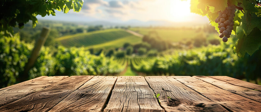Empty Wood Table in the garden surrounded by Morning vineyard and a fence under a serene sky, showcasing the peaceful countryside scenery background banner copy space area