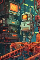 Fototapeta premium Retrofuturism meets robotic intrigue in a detailed 2D highlighting a mysterious technology theft