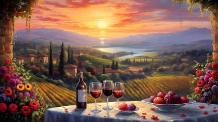 Wine tasting in Tuscany, Italy. Panoramic view of the Tuscany landscape. - obrazy, fototapety, plakaty