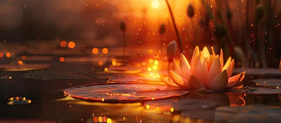 Tuinposter A water lily gracefully floats on top of a body of water, reflecting the warm hues of the golden hour sky. © 2rogan